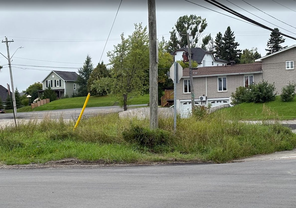 Tall grass and weeds, over a foot high, growing uncut around a hydro pole and signposts at a street corner in Cochrane
